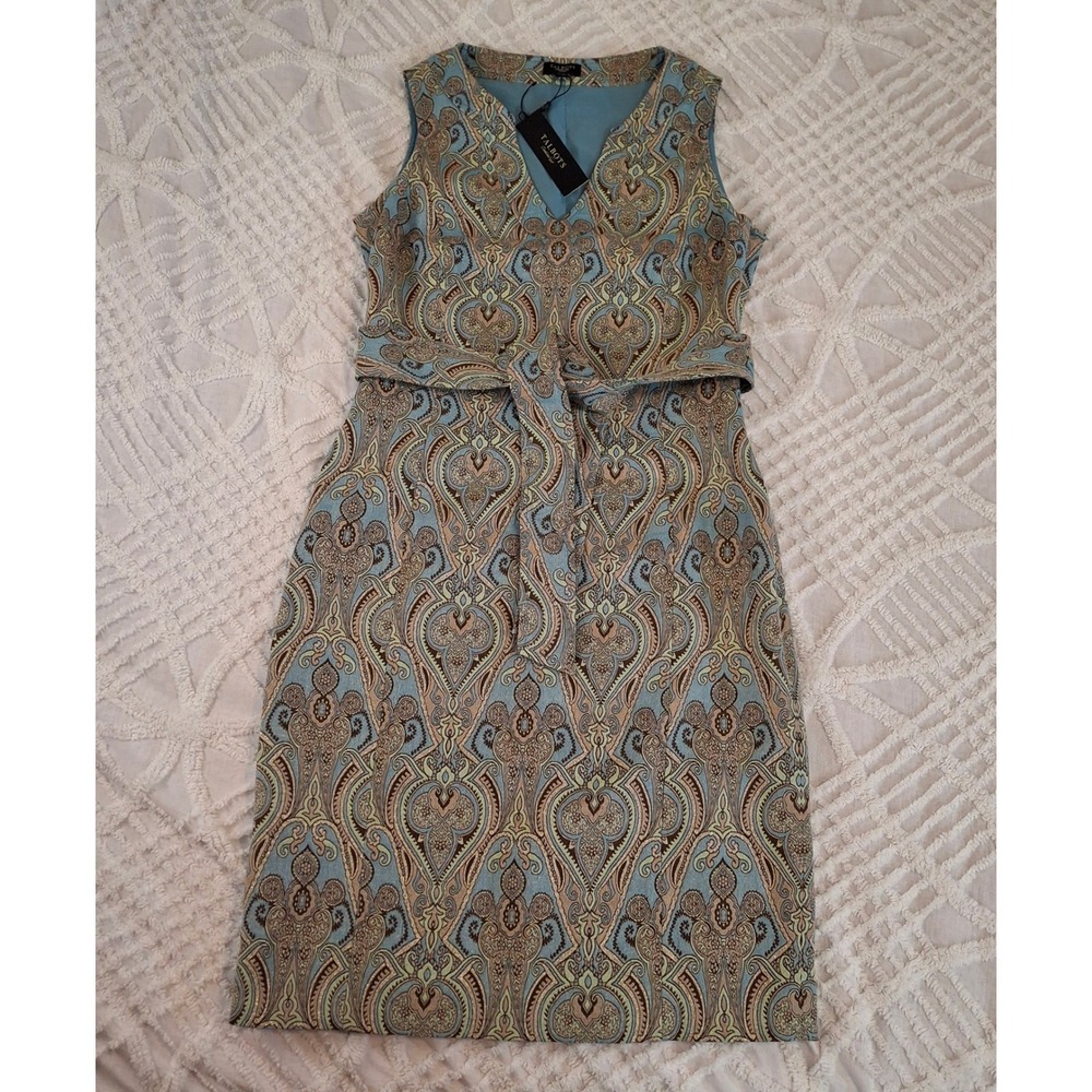 Talbots 2 Petite Blue Gold Paisley Metallic Jacquard Sheath Dress Sleeveless NWT